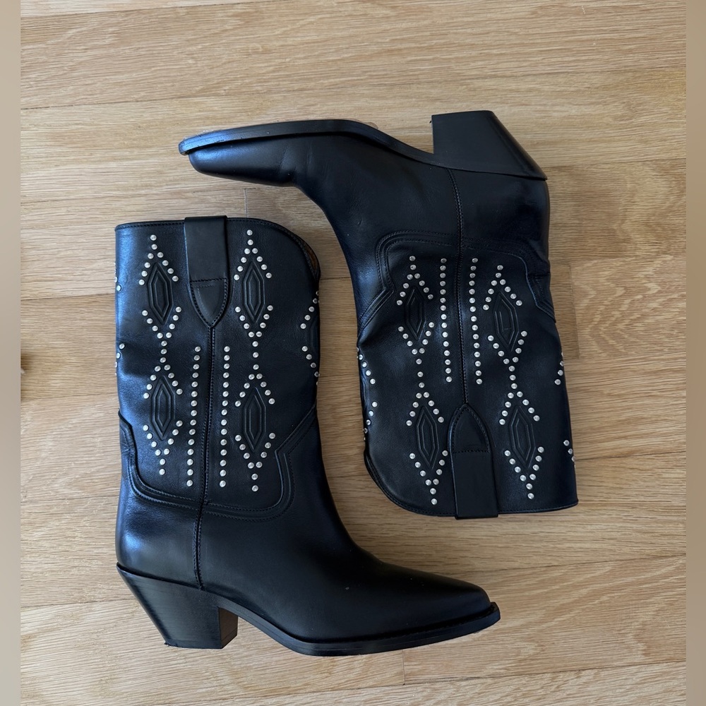 Isabel Marant Black Studded Leather Western Heeled Boots